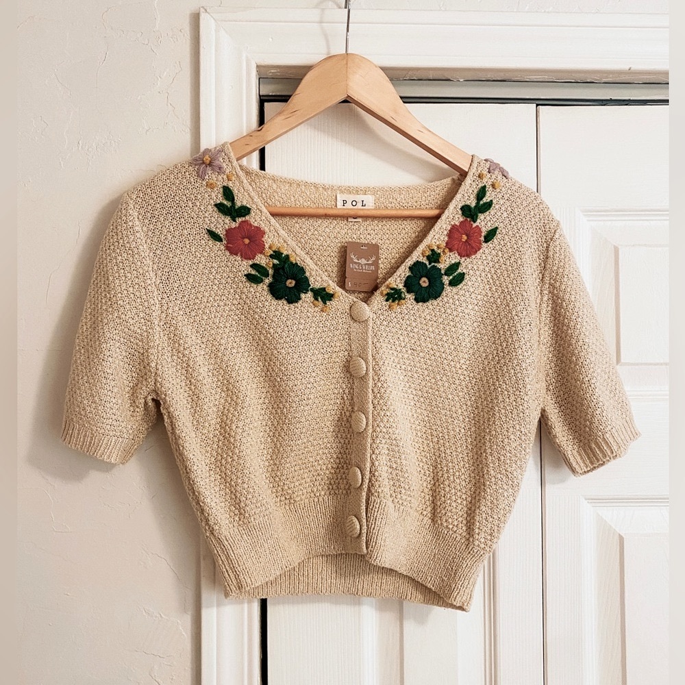 Floral embroidered short sleeve button up shirt